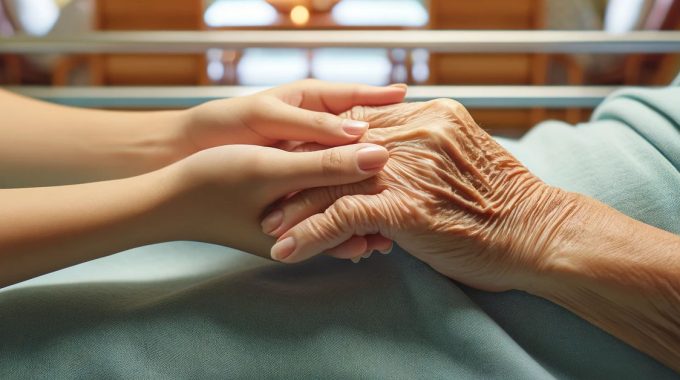 Younger Lady Holding The Hands Of An Elderly Person For Comfort During Hospice.