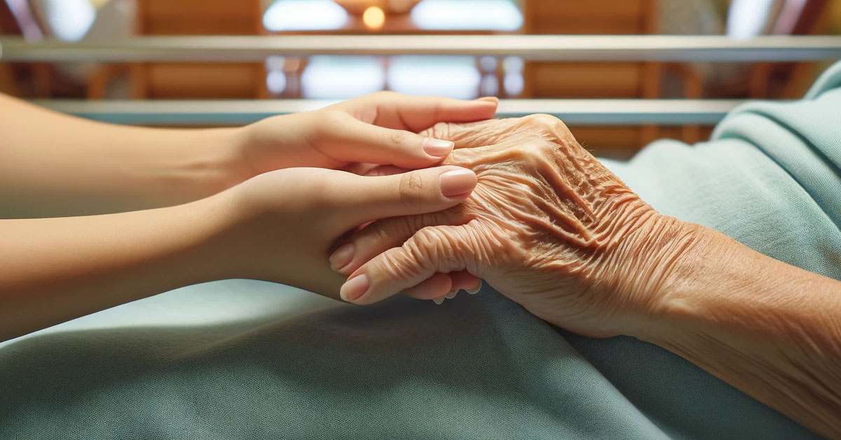 Younger Lady Holding The Hands Of An Elderly Person For Comfort During Hospice.
