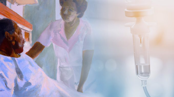Nurse Tending To Her Hospice Patient. Managing Pain With IV Bag