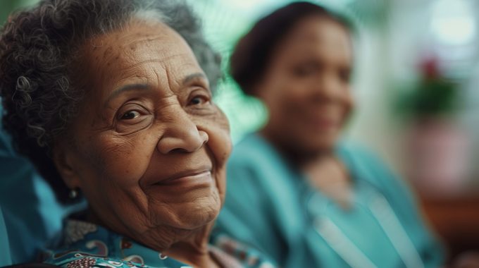 African American Elderly Lady Sitting With Her Hospice Nurse